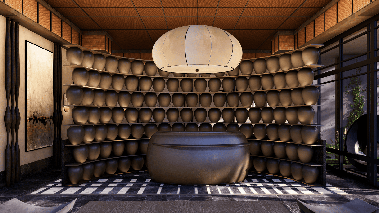 Luxury apartment lobby interior with modern seating, artistic wall design, and elegant lighting at Mantra Punta Pacifica