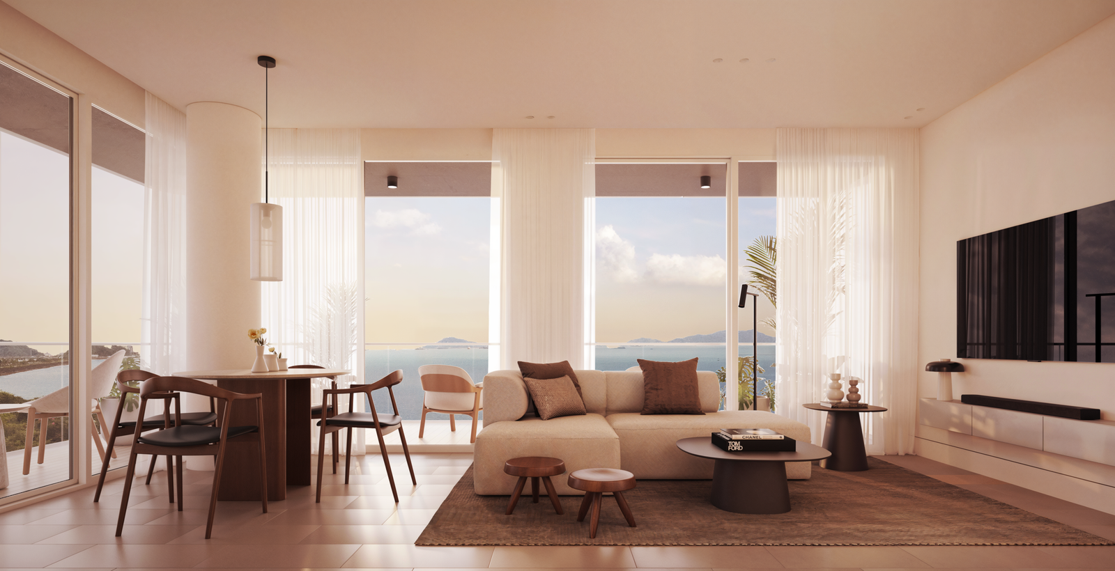 Luxury apartment living room with ocean view