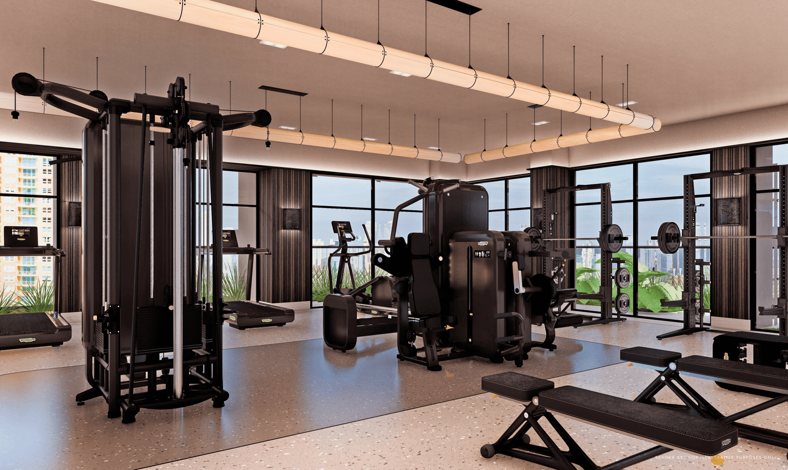 Modern fitness center with premium gym equipment and large windows overlooking city views