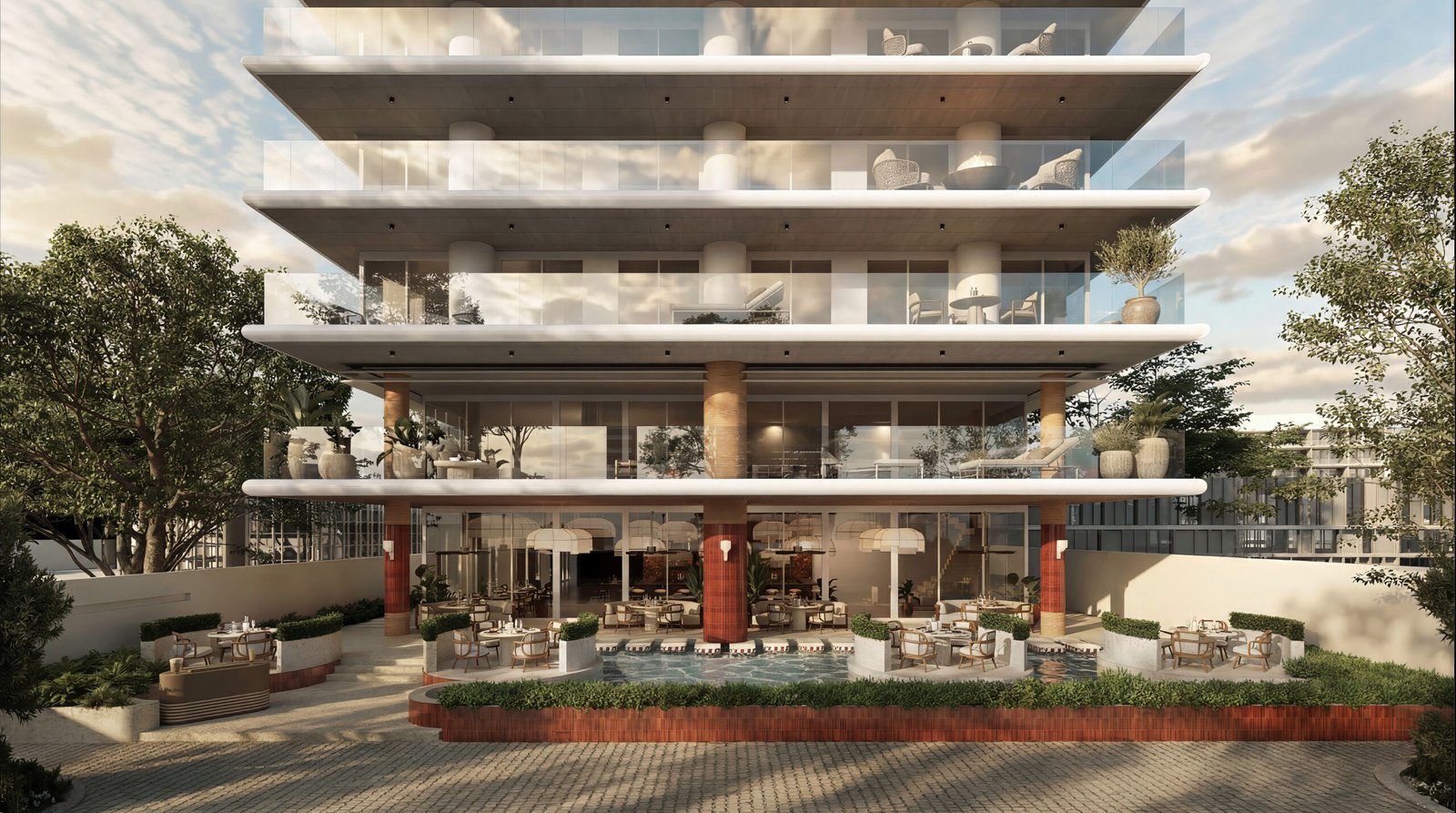Modern luxury residential building exterior with pool area