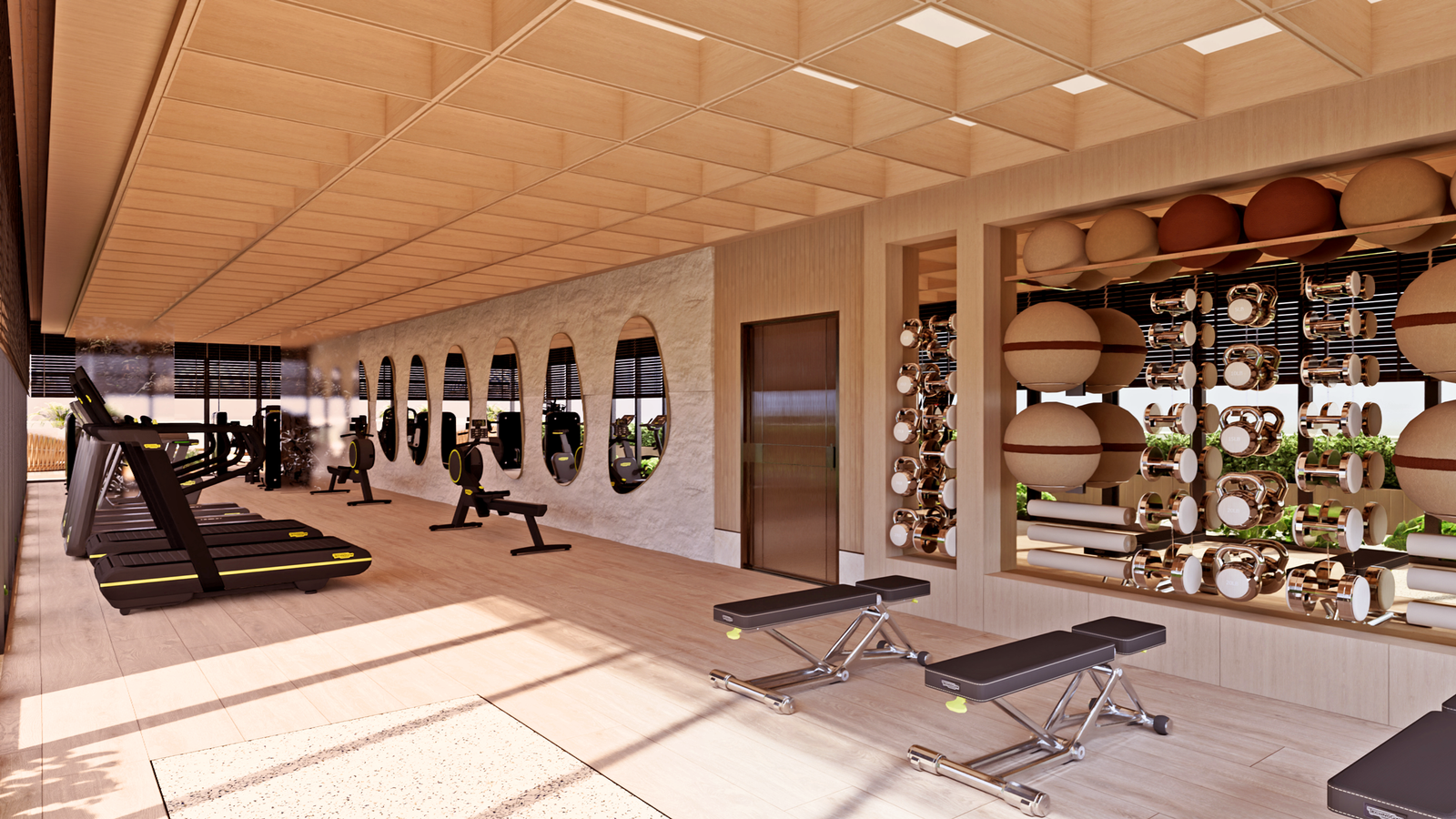 Luxury fitness center with workout equipment