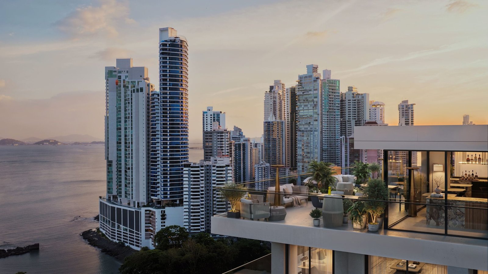 Panoramic view of Panama City skyline and waterfront from a luxury residential terrace