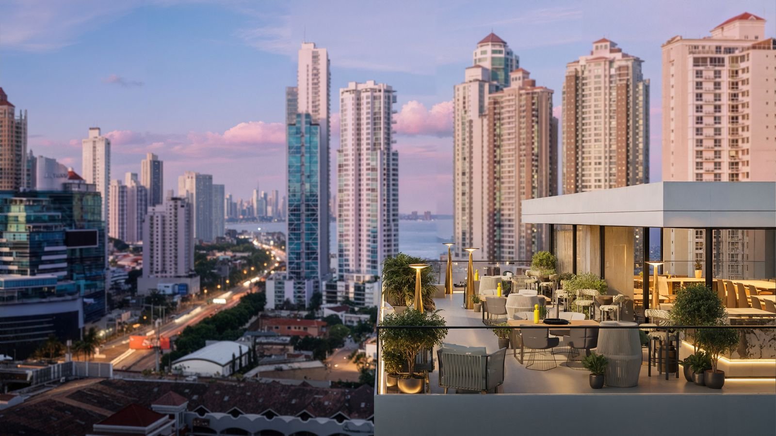 Luxury rooftop terrace with city skyline views, outdoor seating, and premium amenities in Panama City