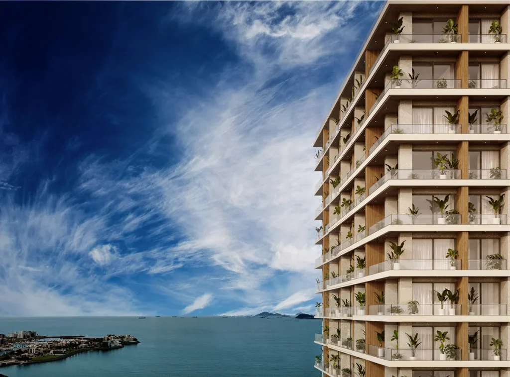 High-rise luxury residential building with ocean views and modern balcony design in Panama