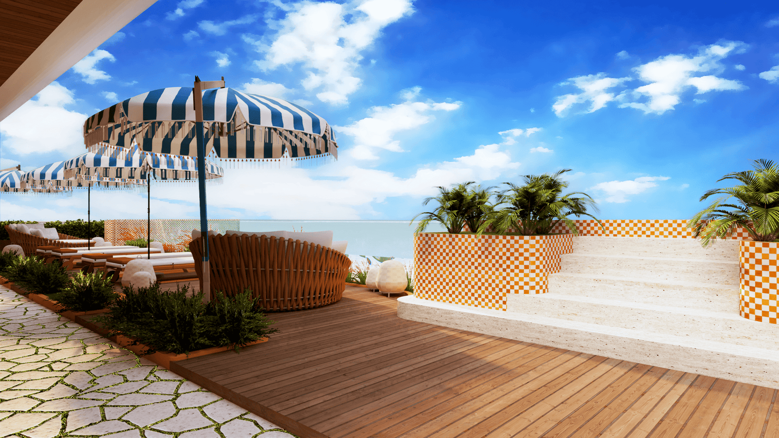 Luxury oceanfront terrace with lounge seating, umbrellas, and panoramic sea views at a premium waterfront residence