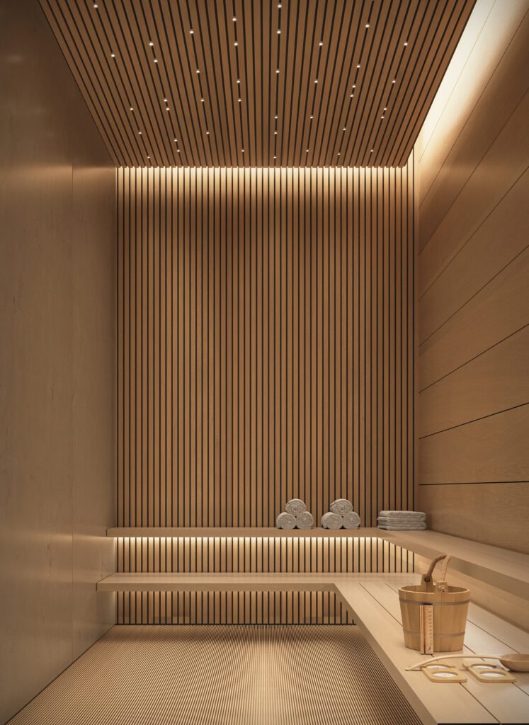 Private sauna with wooden interiors and ambient lighting in a luxury residential wellness area