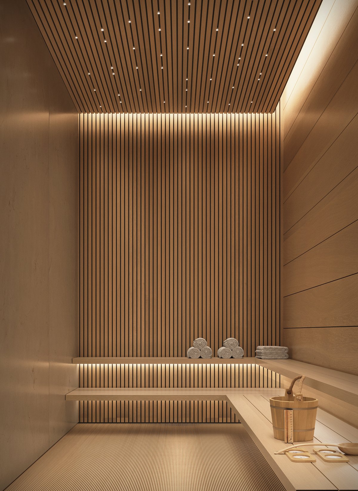 Private sauna with wooden interiors and ambient lighting in a luxury residential wellness area