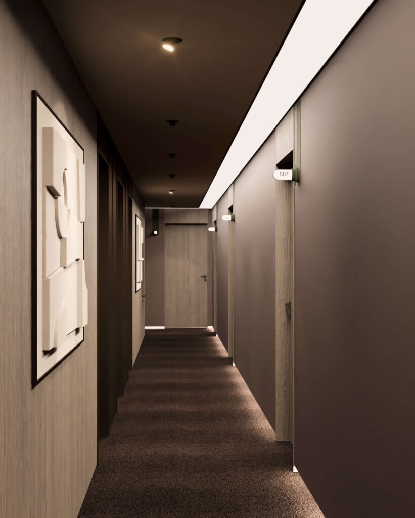 Modern luxury apartment hallway with elegant lighting and contemporary interior design