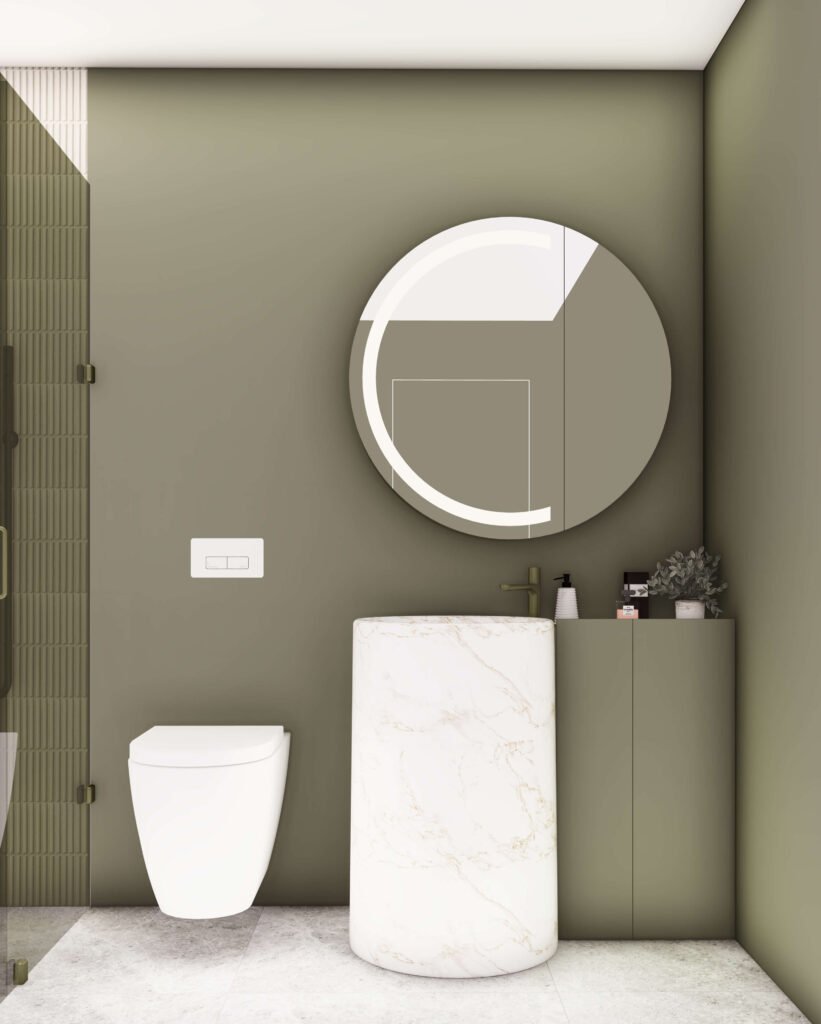 Contemporary bathroom with marble vanity, round mirror, and modern fixtures in a luxury apartment