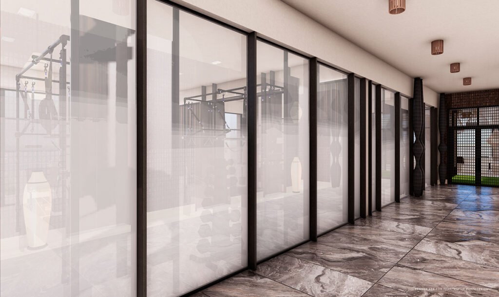 Contemporary fitness center with glass walls, modern equipment, and wellness facilities in a luxury residence