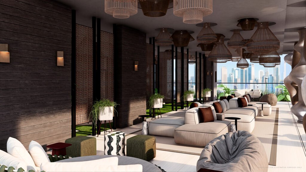 Modern luxury lounge area with comfortable seating, city views, and elegant interior architecture