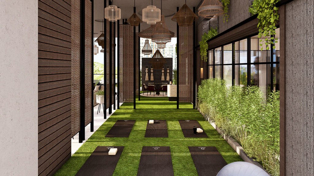 Outdoor yoga and wellness area with green landscaping, yoga mats, and peaceful surroundings