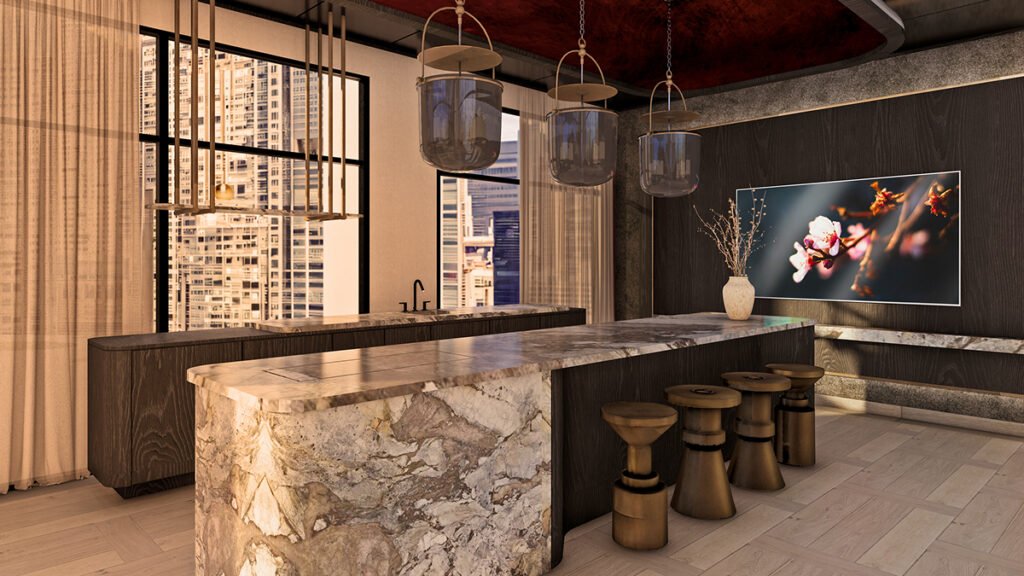 Modern luxury apartment kitchen with marble island, elegant lighting, and contemporary living space design
