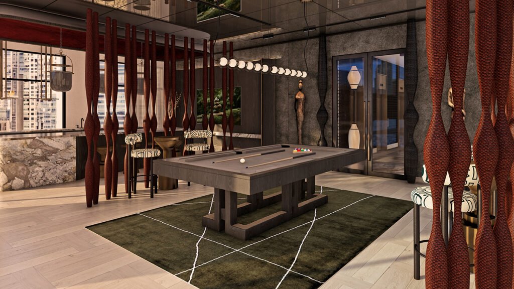 Luxury entertainment lounge with billiards table, premium interiors, and modern design at Nautilus at the Canal Panama