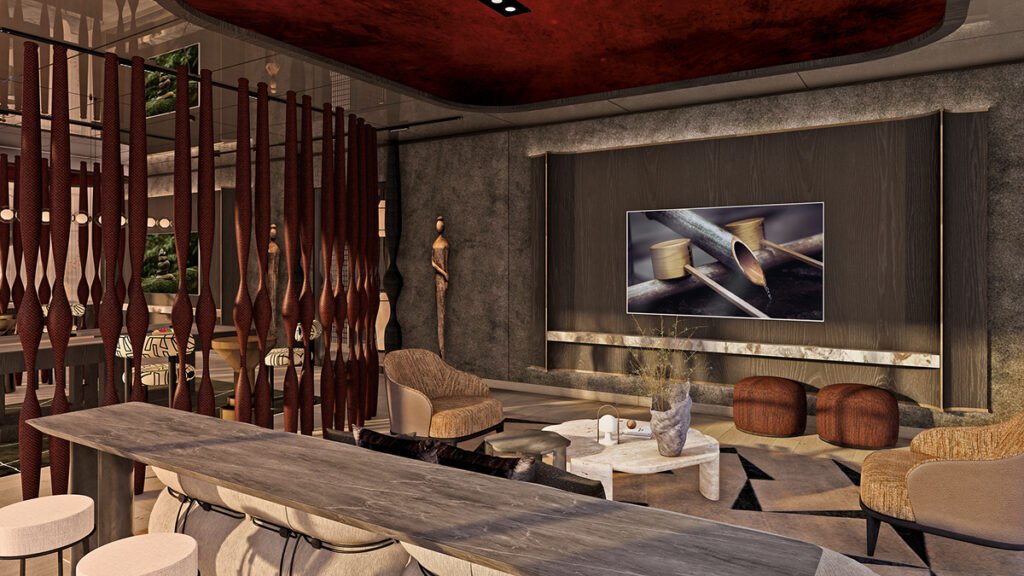 Luxury apartment entertainment lounge with modern furniture, artistic decor, and premium interior finishes
