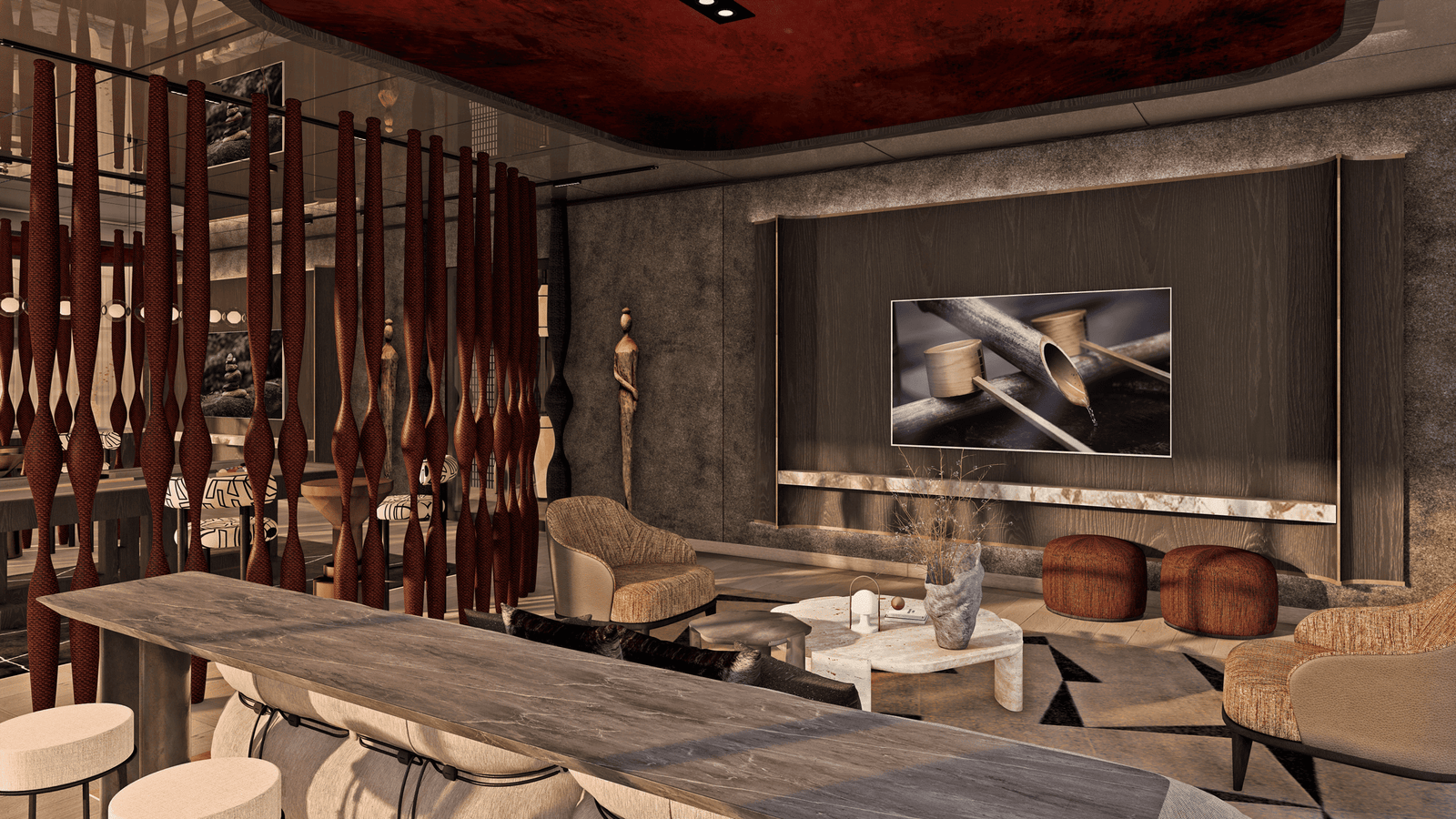 Contemporary luxury lounge area with stylish furniture, artistic decor, and elegant interior design